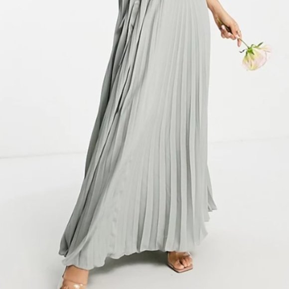ASOS DESIGN Petite Bridesmaid pleated olive cami maxi dress & satin wrap waist - - Picture 2 of 7